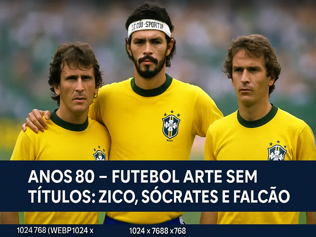 Seleção Brasileira nos anos 80 com Zico, Sócrates e Falcão, mostrando o futebol arte nas Copas de 1982 e 1986, mas sem conquistar títulos.
