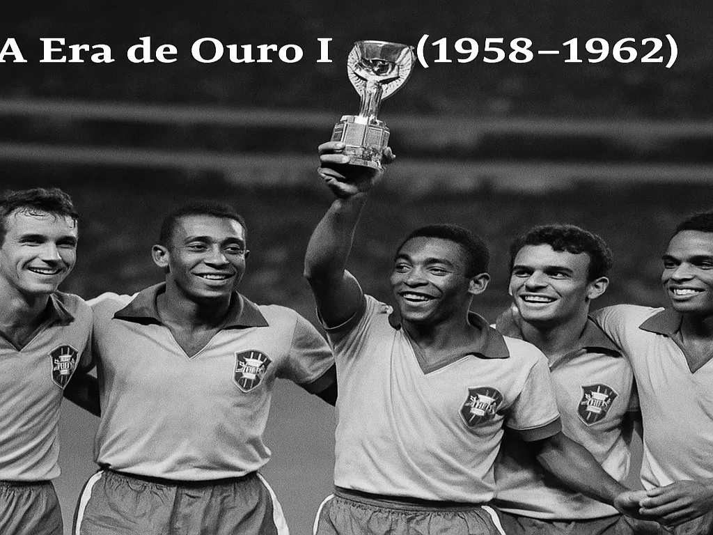 Seleção Brasileira conquistando as Copas do Mundo de 1958 e 1962, com Pelé e Garrincha como grandes destaques.