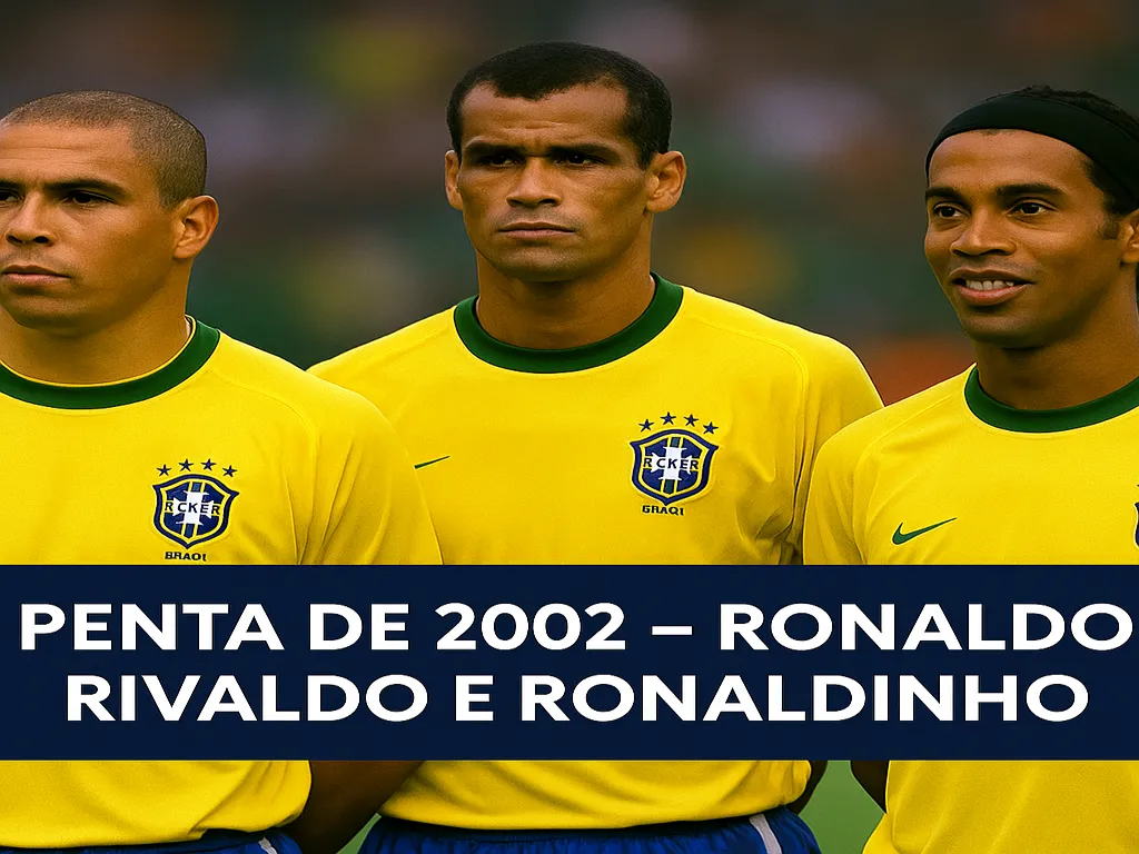 Seleção Brasileira conquista o pentacampeonato mundial em 2002, na Copa do Mundo da Coreia e Japão, com Ronaldo Fenômeno, Rivaldo e Ronaldinho como protagonistas.
