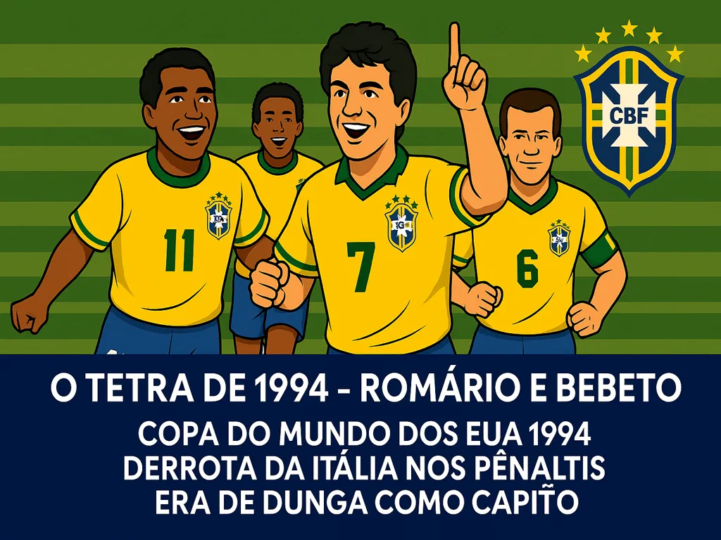 Seleção Brasileira conquista o tetracampeonato na Copa do Mundo de 1994, nos Estados Unidos, com Romário, Bebeto, Dunga e Taffarel como protagonistas.